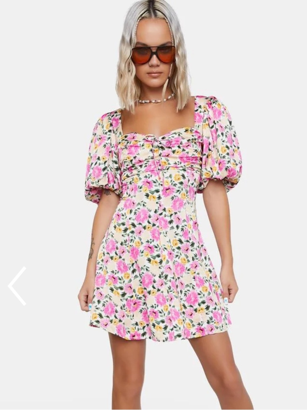 For Love & Lemons Sasha Floral Mini Dress Pink Puff Sleeve Sweetheart Neck S